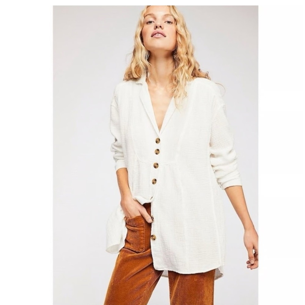 Free People All About The Feels M Gauze Cotton Button Up Top Ivory Boho Peasant